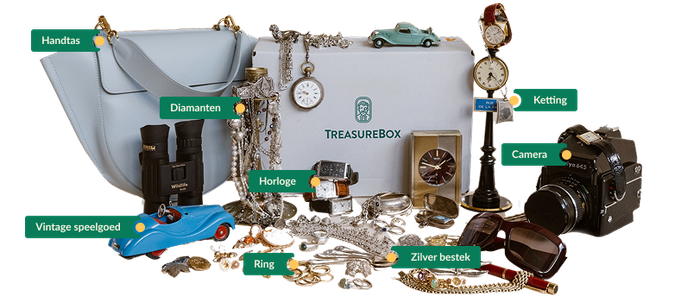Een TreasureBox met objecten eromheen: handtas, diamanten, ketting, camera, horloge, vintage speelgoed, ring en zilver bestek